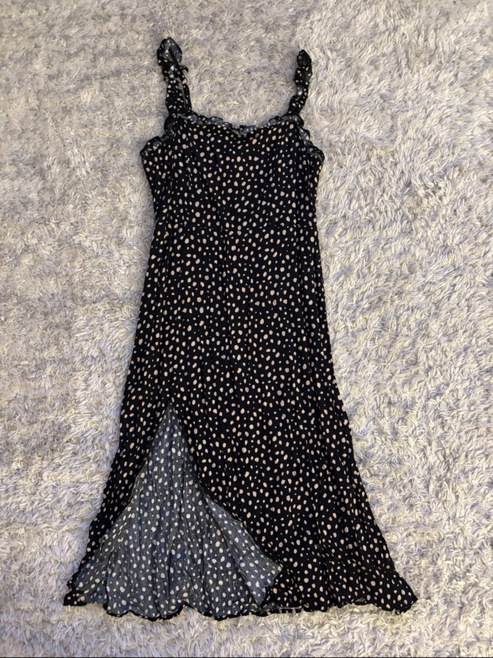 Blue Rain Black Midi Dress with Cream Polka Dots